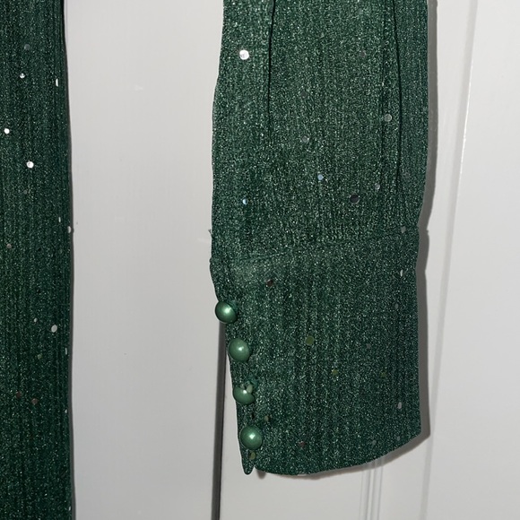 Dark Green - Large - Women's V Neck Formal Long Sleeve Maxi Dress w/Slit - Picture 5 of 10